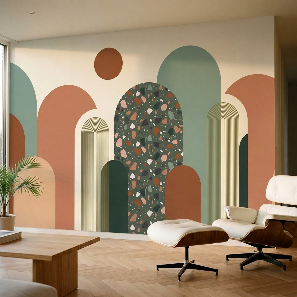papier peint panoramique abstrait arches geometriques terrazzo colore fond beige-4