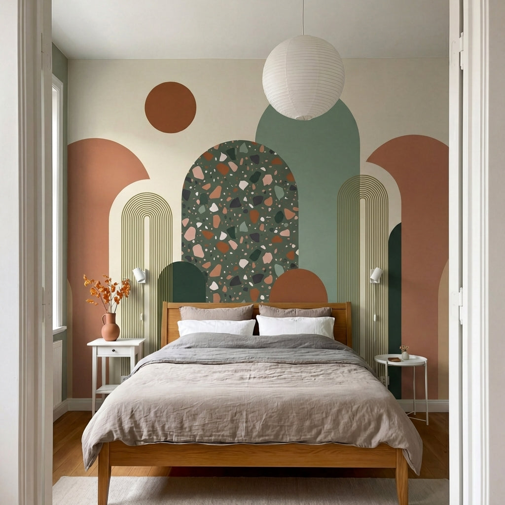papier peint panoramique abstrait arches geometriques terrazzo colore fond beige-9