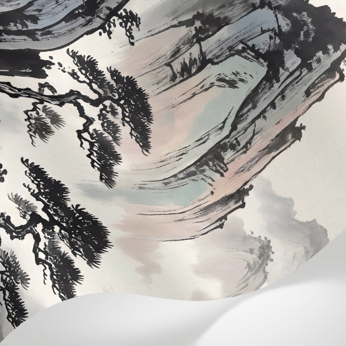 Papier peint panoramique arbre japonais - Paysage montagneux bambous brume tons gris beige et blanc sur mesure - Matière