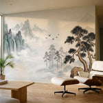 papier peint panoramique arbre japonais pins paysage montagneux brumes oiseaux t-2