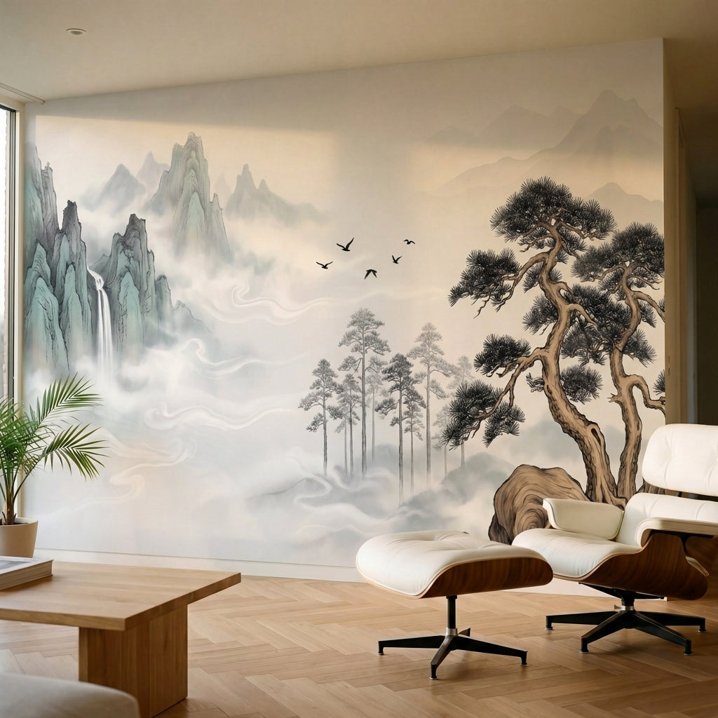papier peint panoramique arbre japonais pins paysage montagneux brumes oiseaux t-2