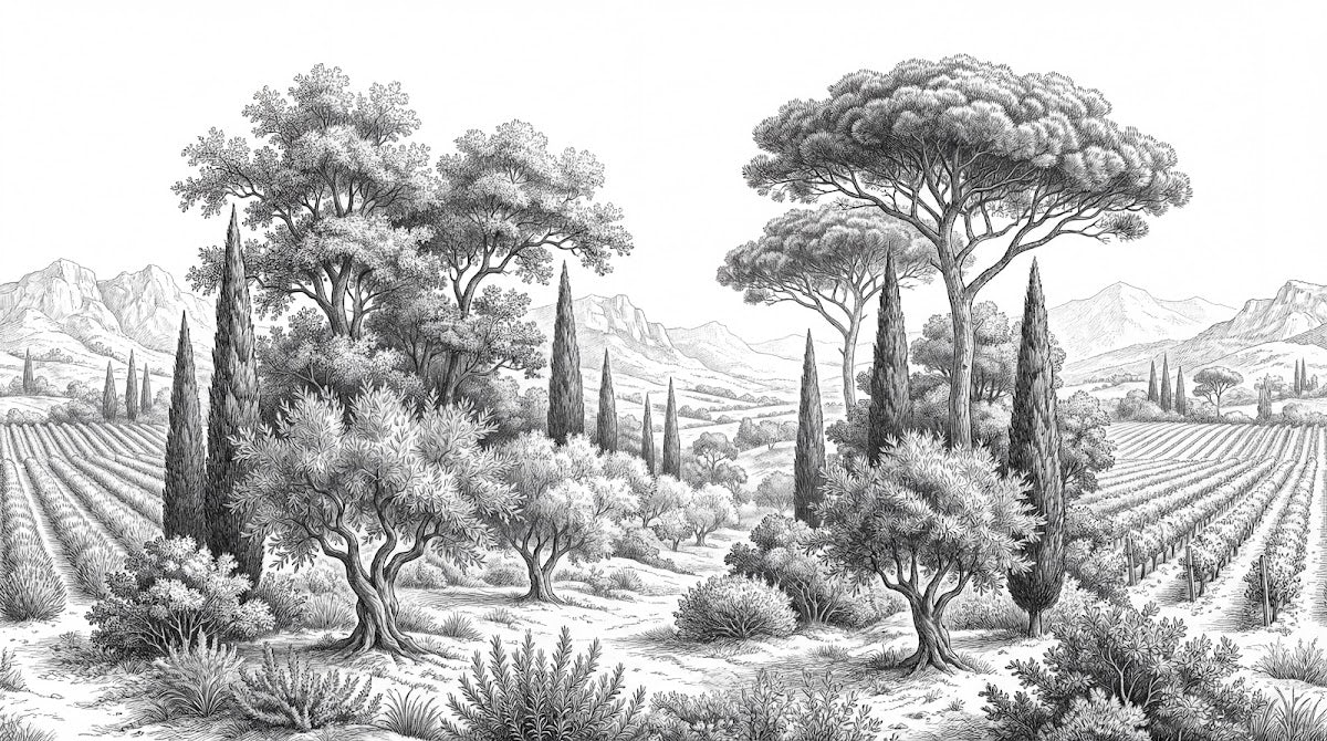 Papier peint panoramique arbres méditerranéens - Pins parasol cyprès oliviers paysage méditerranéen gravure détaillée noir et blanc sur mesure - Design
