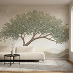 papier peint panoramique botanique arbre solitaire feuillage etoile fleurs blanc-4