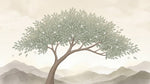 Papier peint panoramique botanique - Arbre solitaire feuillage étoilé fleurs blanches montagnes beige crème sur mesure - Design
