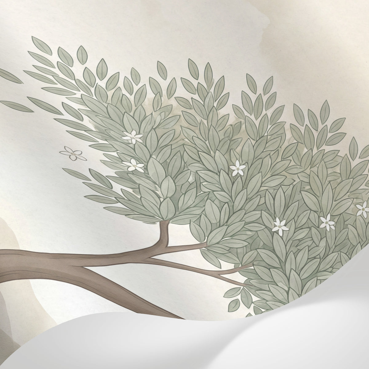 Papier peint panoramique botanique - Arbre solitaire feuillage étoilé fleurs blanches montagnes beige crème sur mesure - Matière