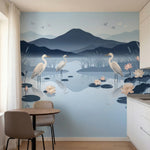 papier peint panoramique brume herons etang lotus nenuphars montagnes tons bleu -3