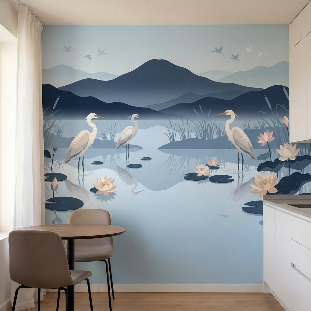 papier peint panoramique brume herons etang lotus nenuphars montagnes tons bleu -3
