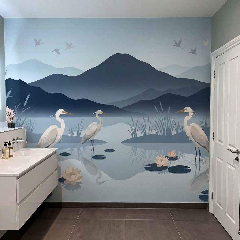 papier peint panoramique brume herons etang lotus nenuphars montagnes tons bleu -7