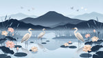 Papier peint panoramique japonais - Hérons étang lotus nénuphars montagnes tons bleu gris et rose poudré sur mesure - Design
