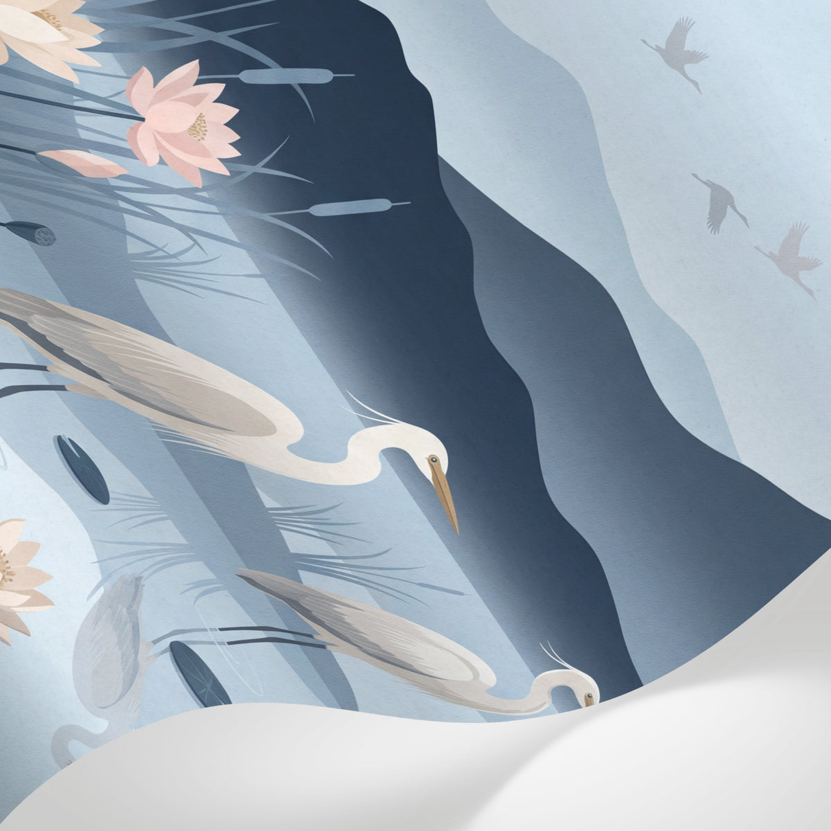 Papier peint panoramique japonais - Hérons étang lotus nénuphars montagnes tons bleu gris et rose poudré sur mesure - Matière