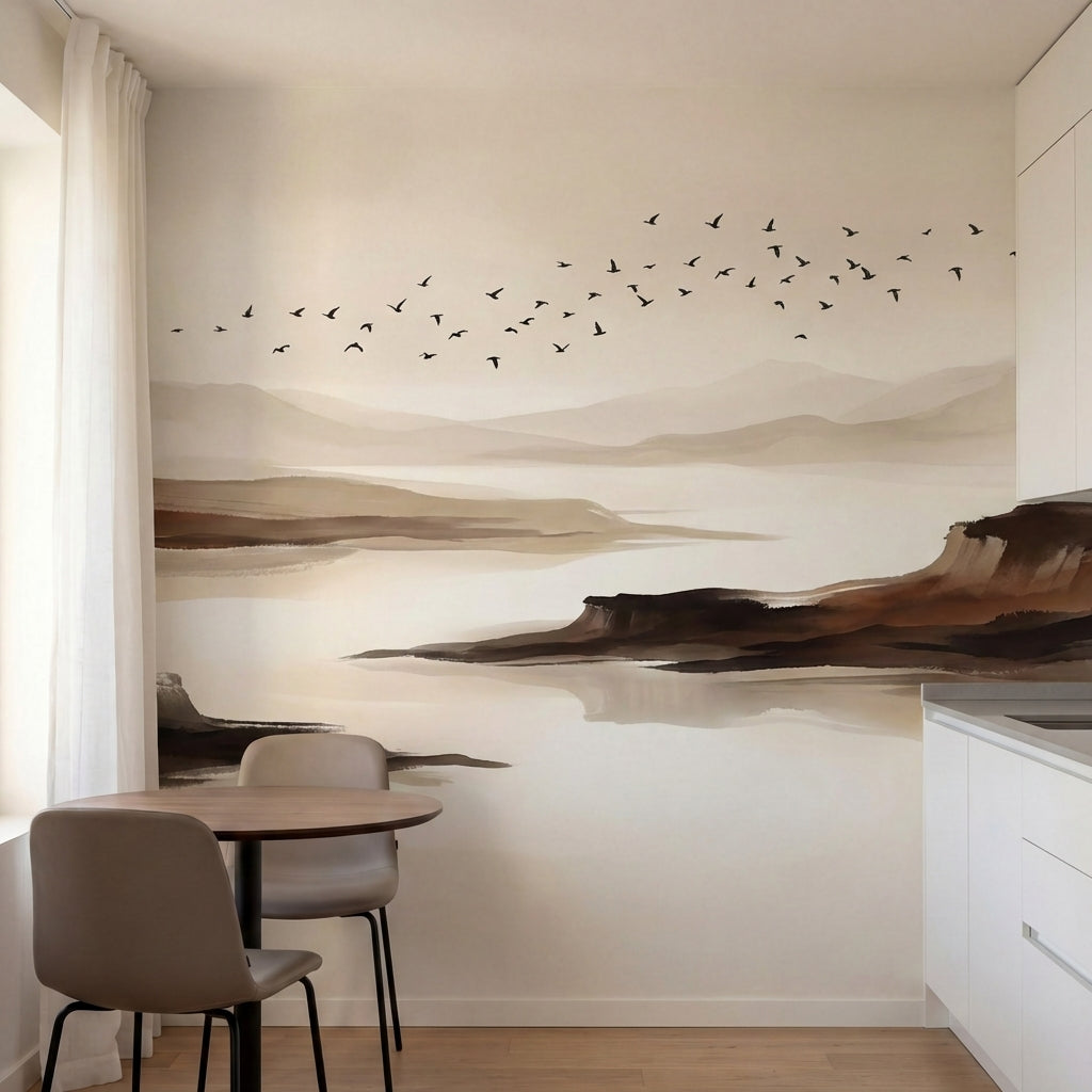 papier peint panoramique brume paysage vallees montagnes oiseaux migrateurs tons-3