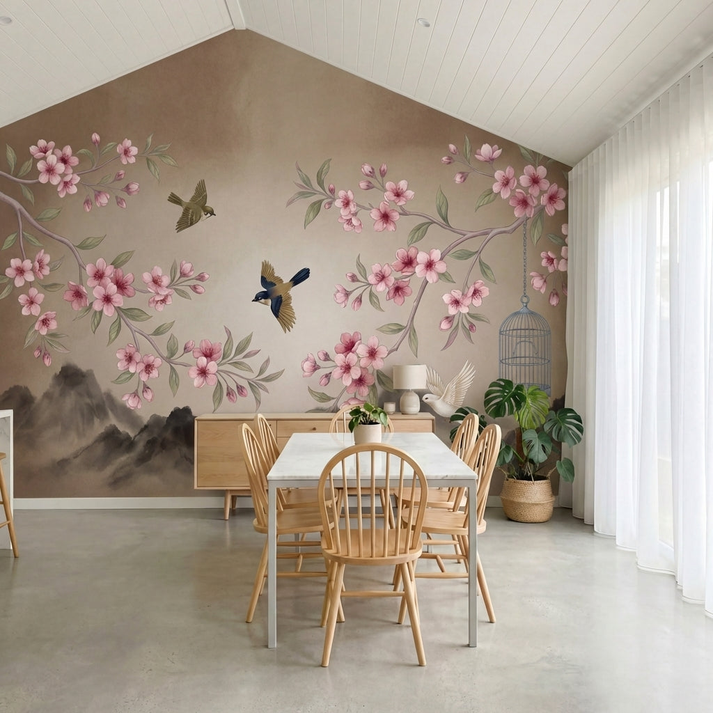 papier peint panoramique cerisier japonais branches fleurs roses oiseaux cage mo-10