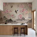 papier peint panoramique cerisier japonais branches fleurs roses oiseaux cage mo-4