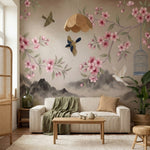 papier peint panoramique cerisier japonais branches fleurs roses oiseaux cage mo-7
