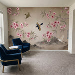 papier peint panoramique cerisier japonais branches fleurs roses oiseaux cage mo-9