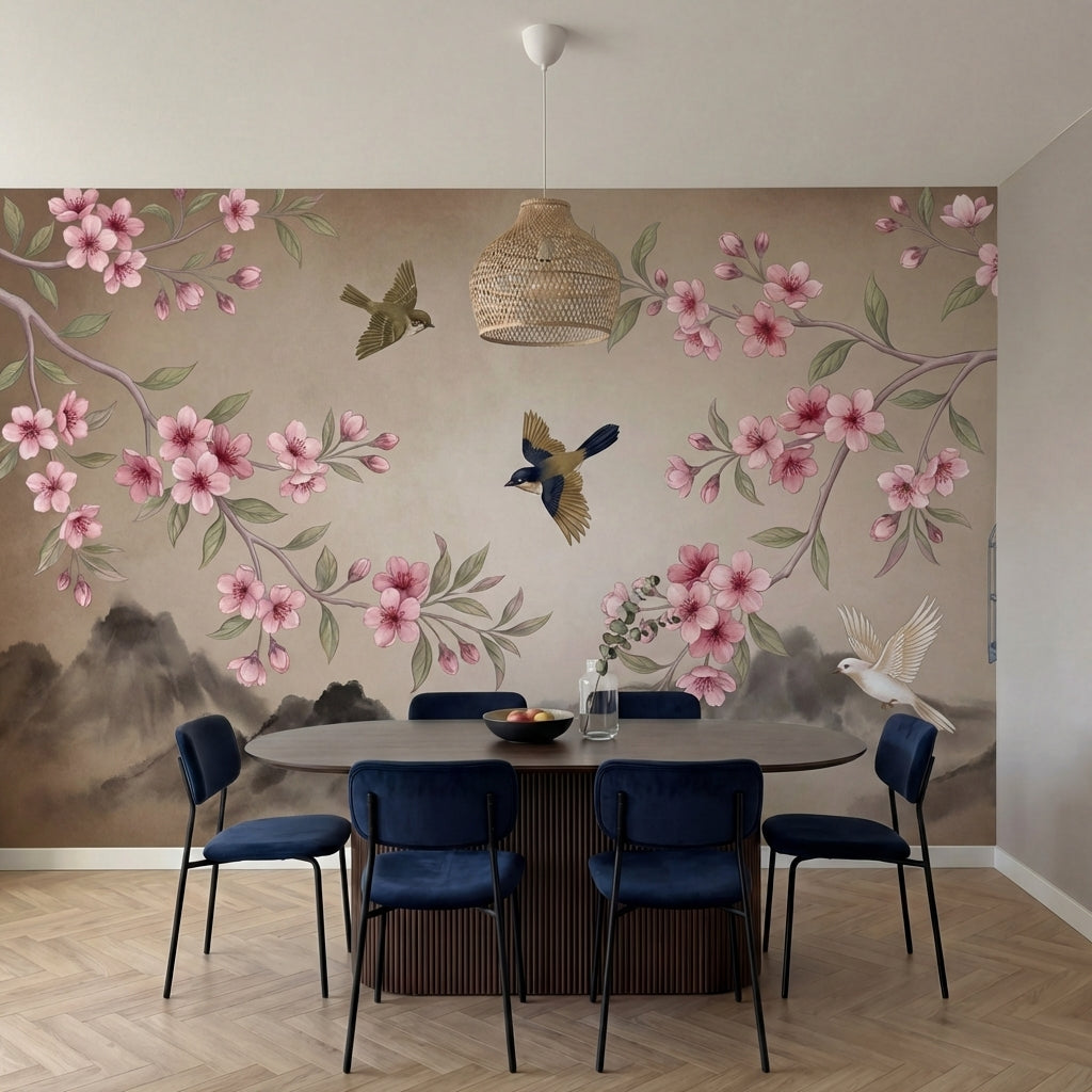 papier peint panoramique cerisier japonais branches fleurs roses oiseaux cage mo-VARIANTE-7