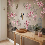 papier peint panoramique cerisier japonais branches fleurs roses oiseaux cage mo-VARIANTE-8