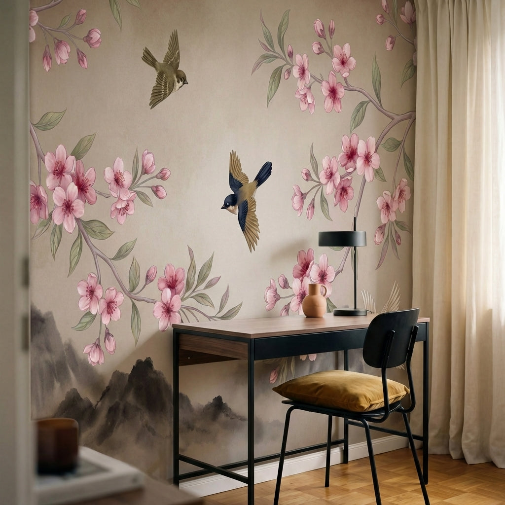 papier peint panoramique cerisier japonais branches fleurs roses oiseaux cage mo-VARIANTE-9