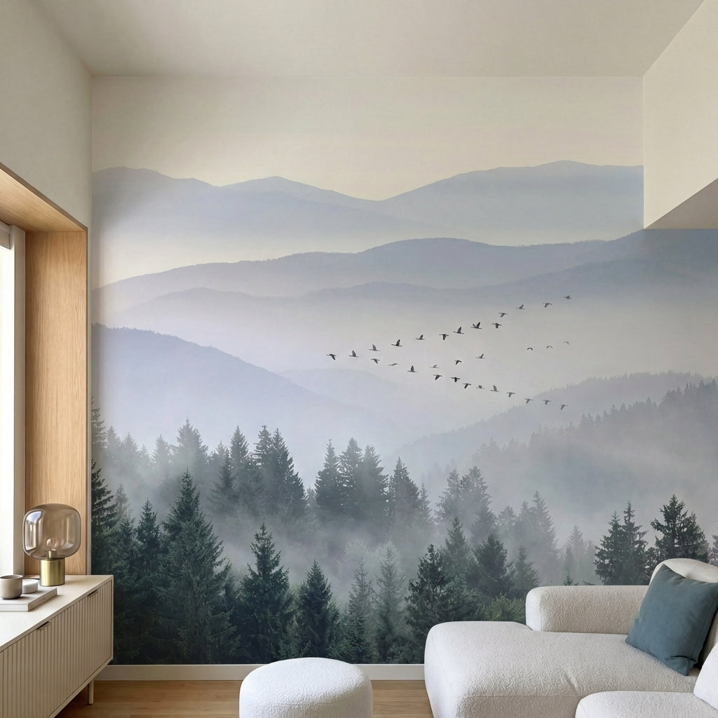 papier peint panoramique foret montagnes brumeuses coniferes oiseaux migrateurs -2