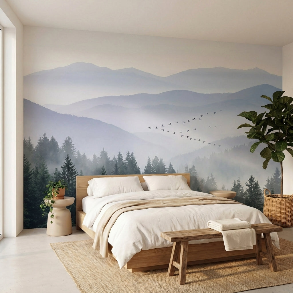 papier peint panoramique foret montagnes brumeuses coniferes oiseaux migrateurs -VARIANTE-7