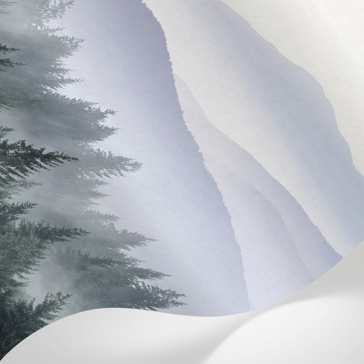 Papier peint panoramique forêt - Montagnes brumeuses conifères oiseaux migrateurs tons gris bleu et beige sur mesure - Matière