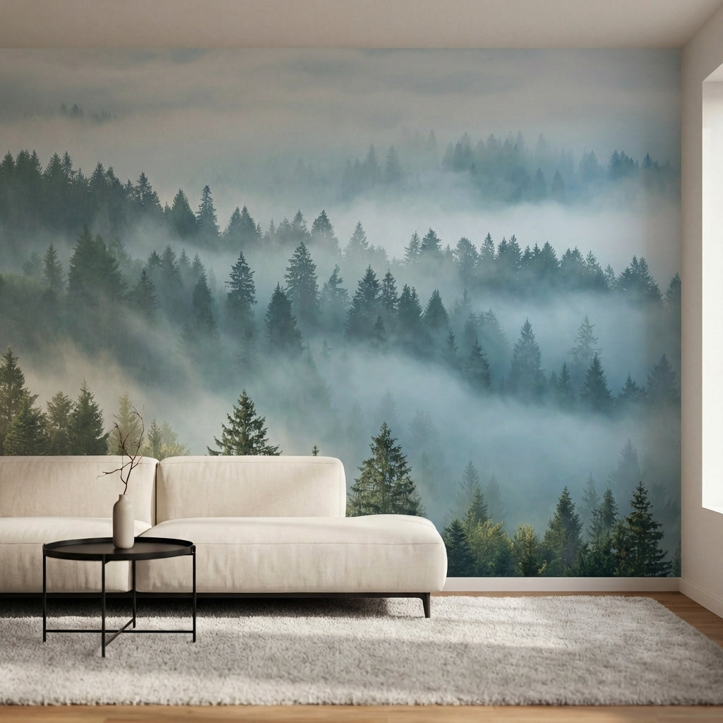 papier peint panoramique foret montagnes brumeuses sapins etages brouillard mati-3
