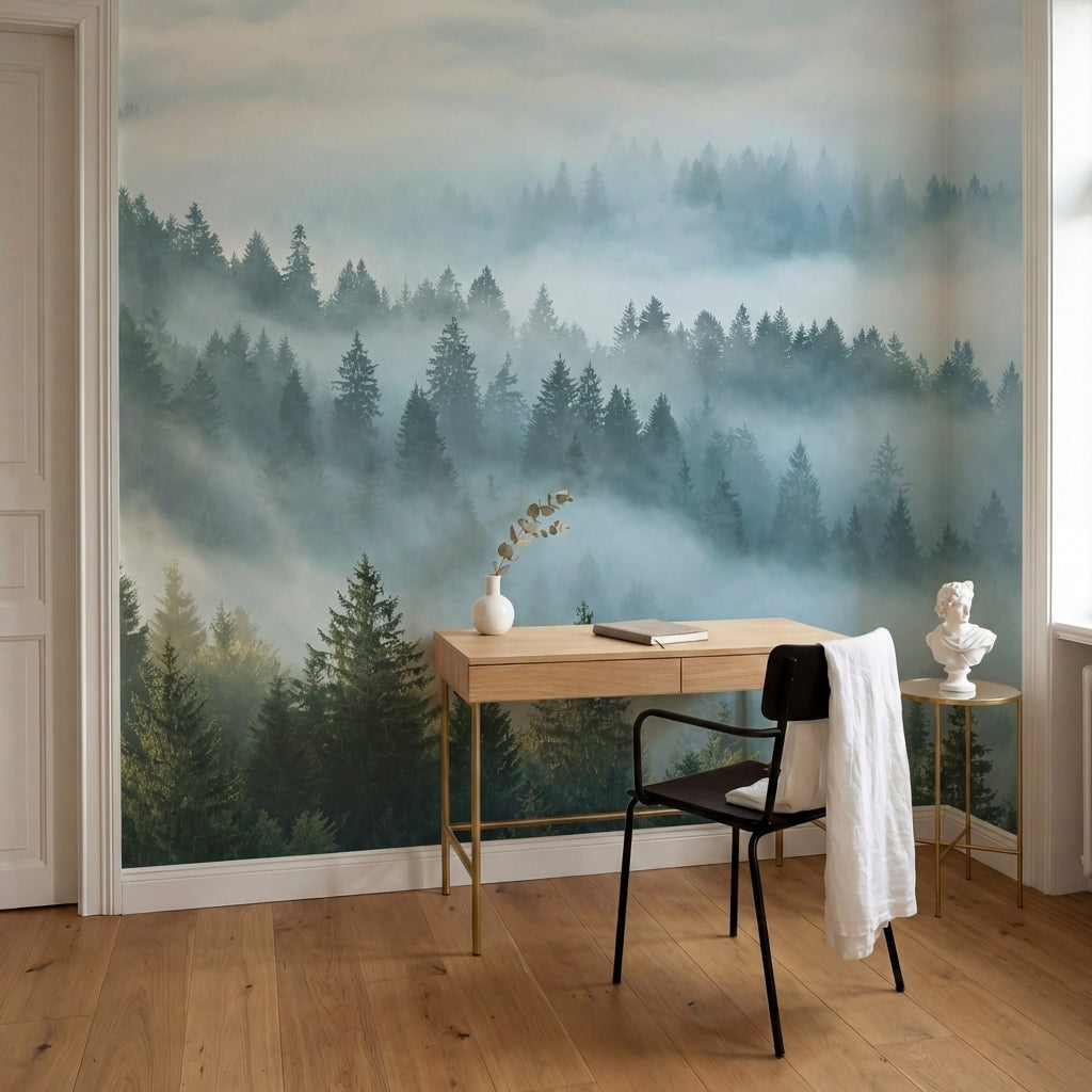 papier peint panoramique foret montagnes brumeuses sapins etages brouillard mati-8