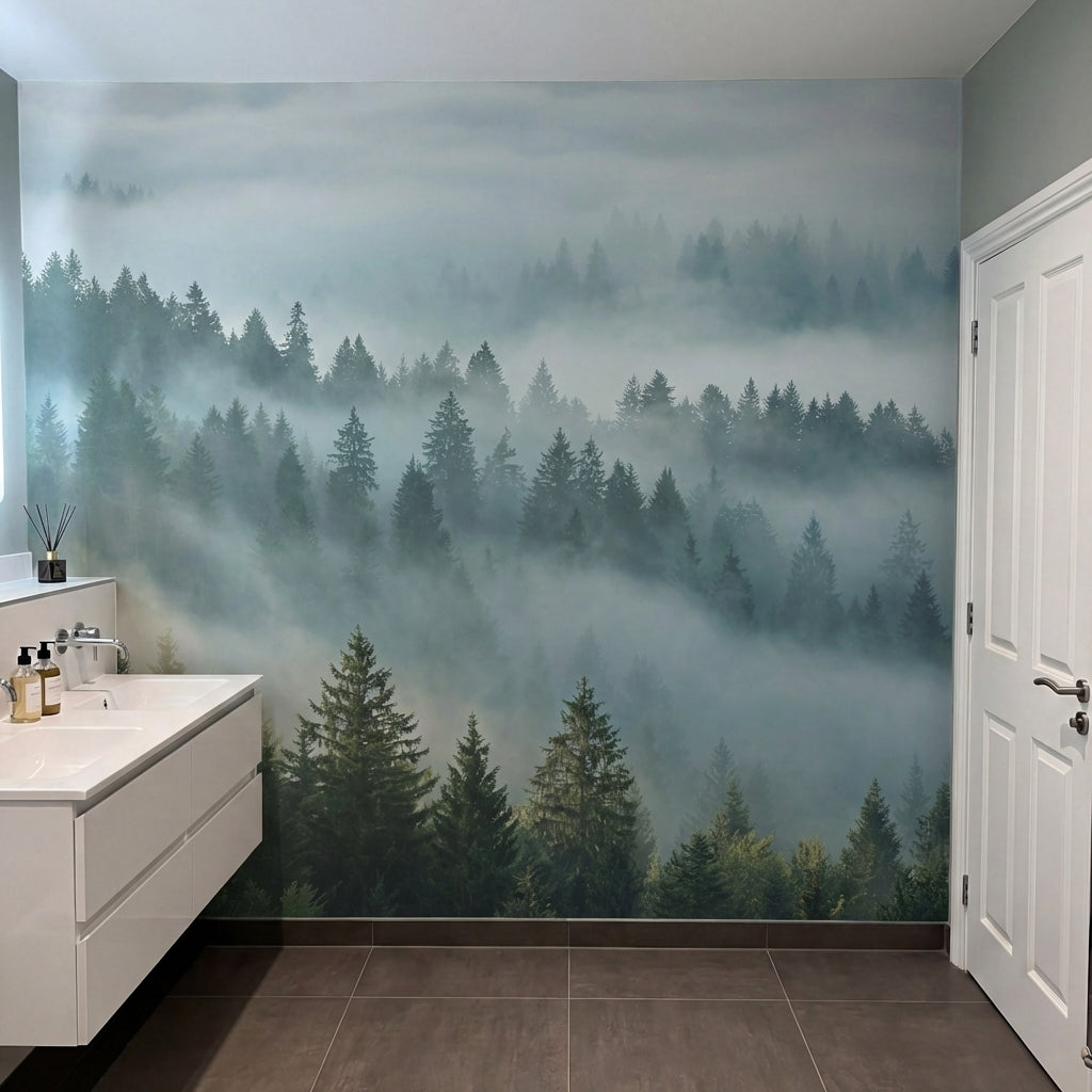 papier peint panoramique foret montagnes brumeuses sapins etages brouillard mati-9