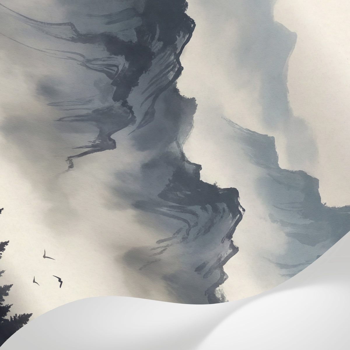 Papier peint panoramique montagne - Montagnes brumeuses pins silhouettes oiseaux migrateurs tons gris anthracite sur mesure - Matière