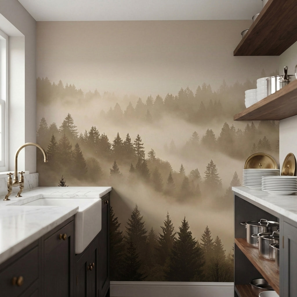papier peint panoramique foret sapins brume matinale vallees montagneuses tons b-HERO-10