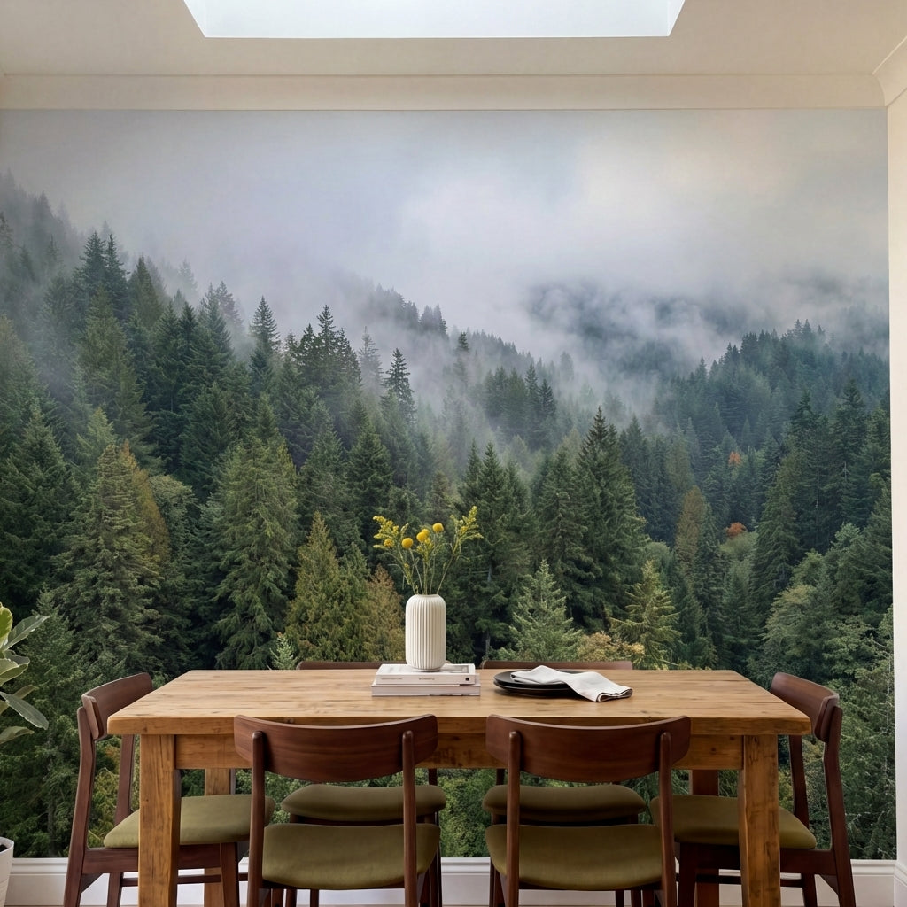 papier peint panoramique foret sapins brumeux vallees montagneuses nuages blancs-2