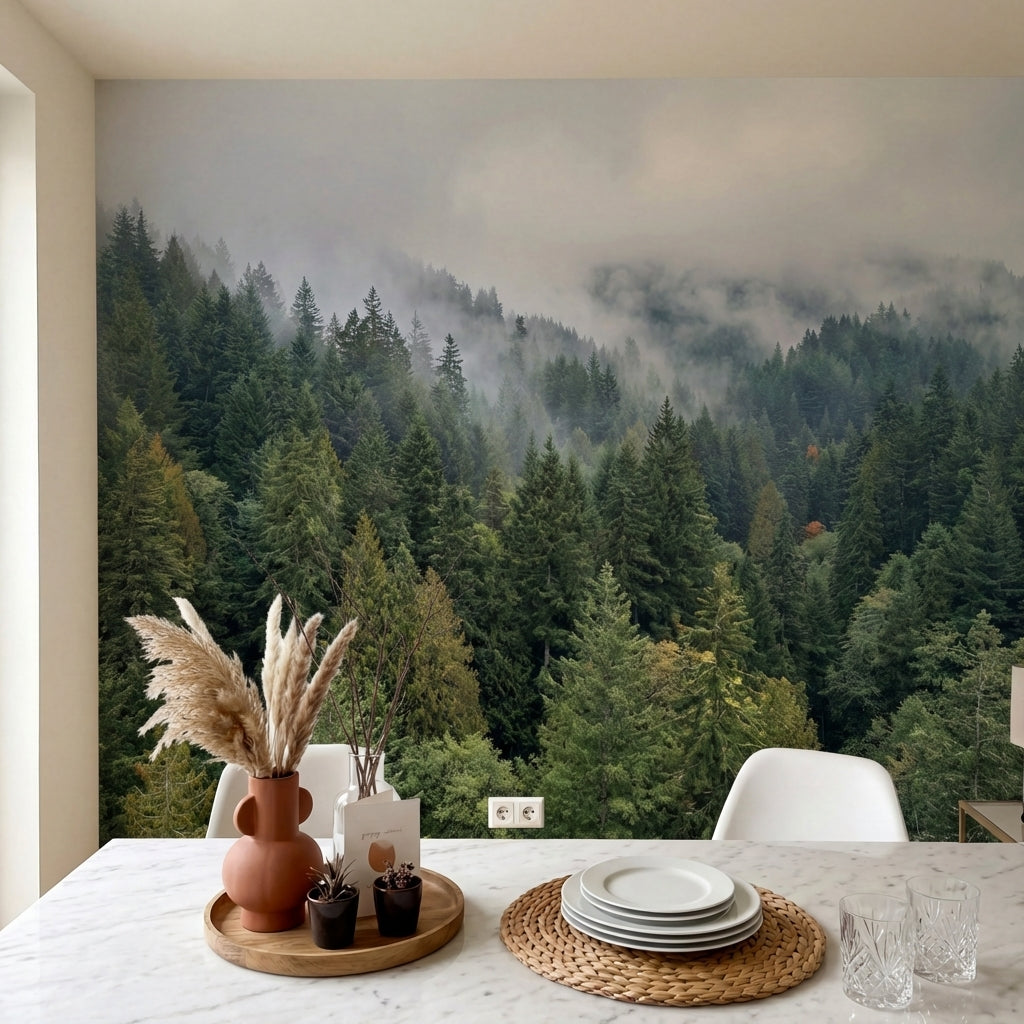 papier peint panoramique foret sapins brumeux vallees montagneuses nuages blancs-6