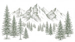 Papier peint panoramique forêt - Sapins enneigés montagnes dessin gravure tons vert sauge et blanc sur mesure - Design