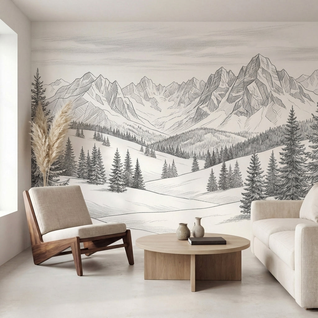 papier peint panoramique foret sapins epiceas montagne enneigee dessin gravure t-VARIANTE-10