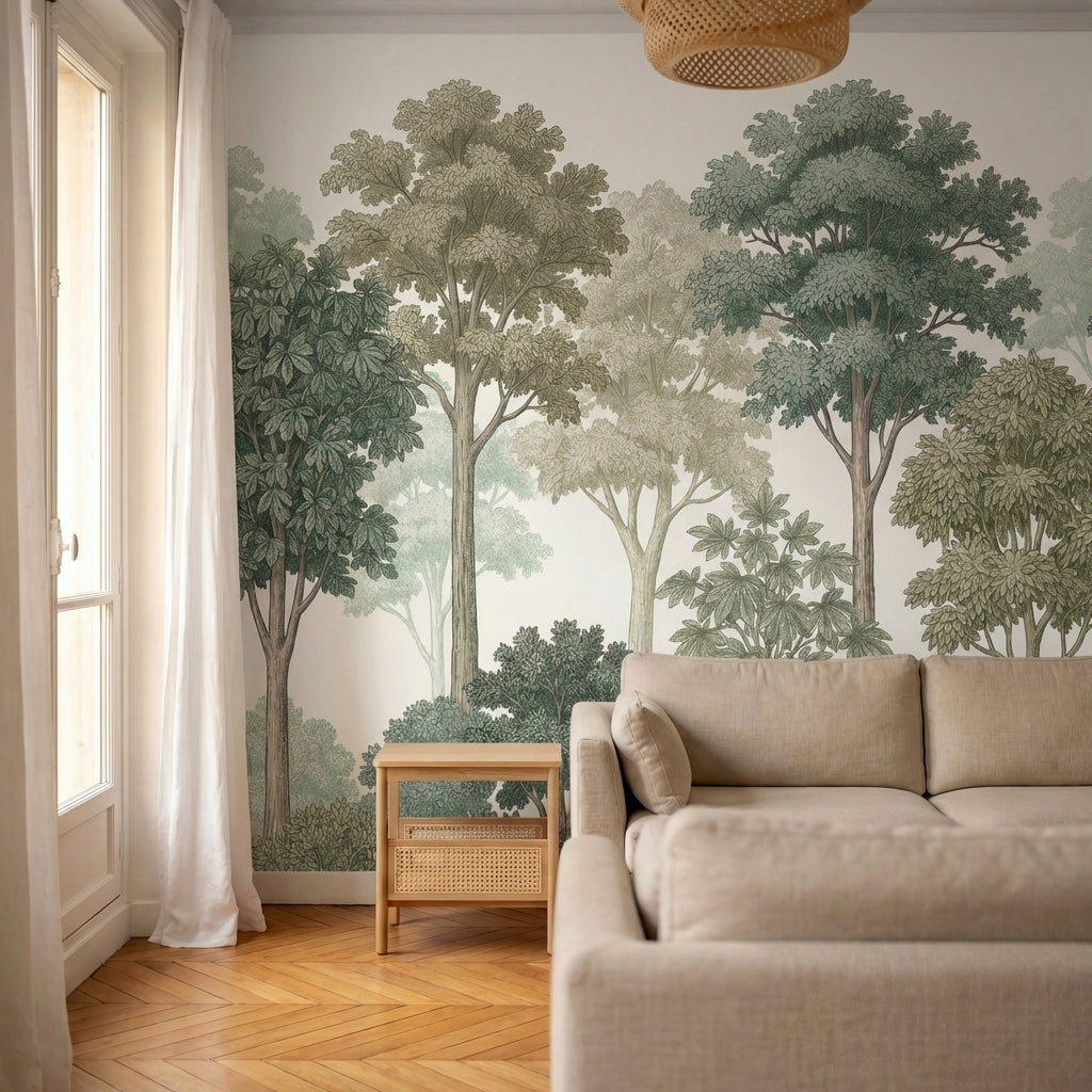 papier peint panoramique jungle arbres tropicaux feuillage etage tons vert sauge-6