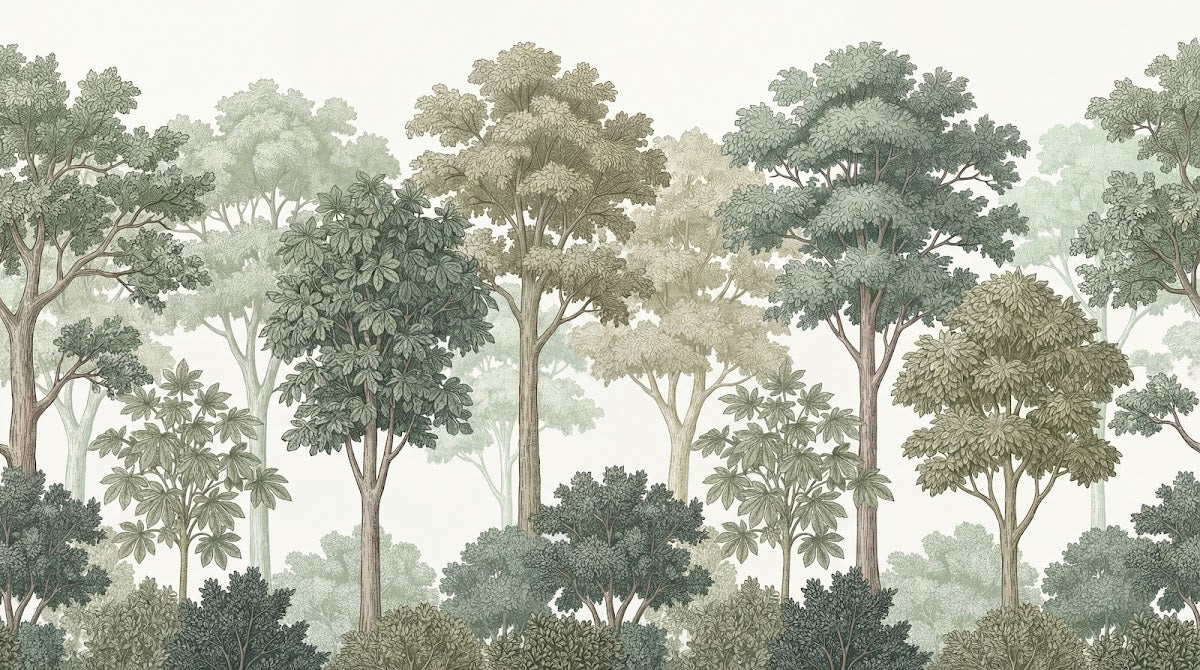 Papier peint panoramique jungle - Arbres tropicaux feuillage étagé tons vert sauge beige et gris sur mesure - Design