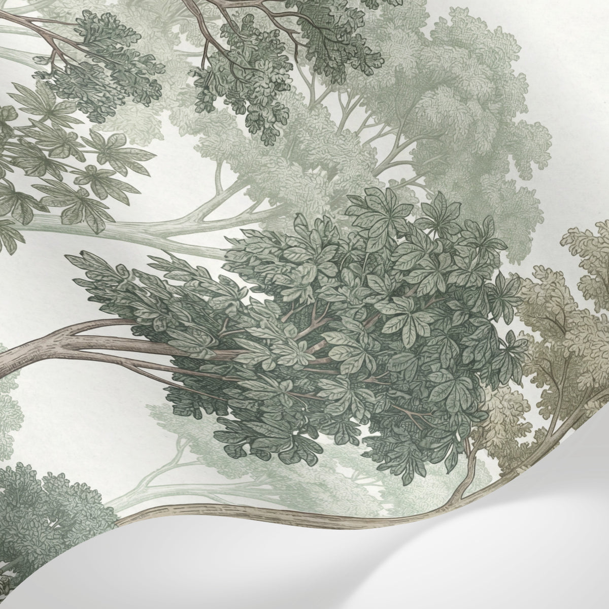 Papier peint panoramique jungle - Arbres tropicaux feuillage étagé tons vert sauge beige et gris sur mesure - Matière