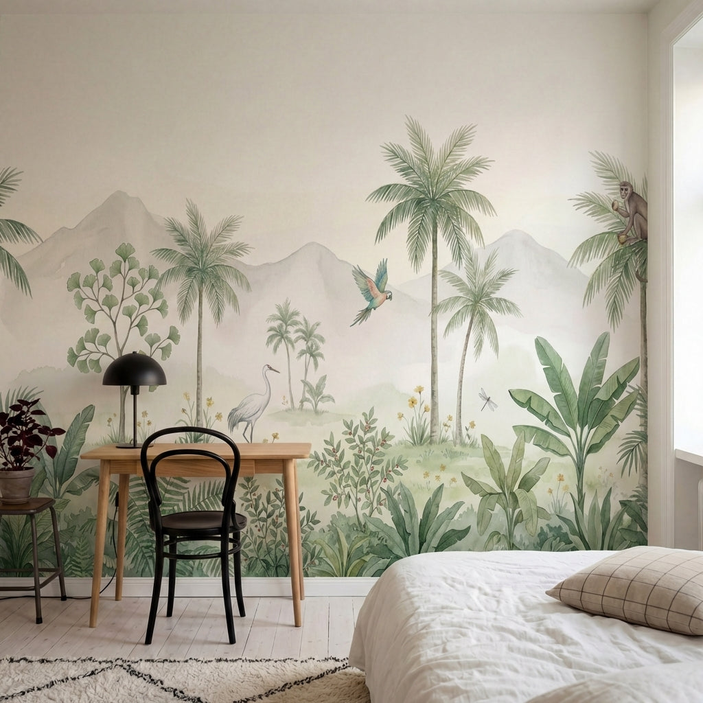 papier peint panoramique jungle singe perroquet heron palmiers tropicaux montagn-HERO-10