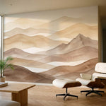 papier peint panoramique nature montagnes ondulantes brume matinale tons beige e-1