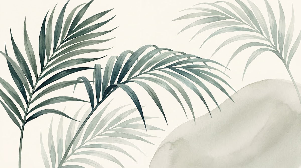 Papier peint panoramique palmier - Frondes tropicales élégantes tons vert sauge et beige crème sur mesure - Design