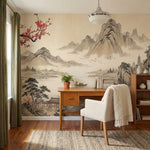 papier peint panoramique paysage japonais montagnes brumeuses pagodes cerisier f-7