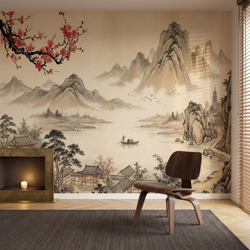 papier peint panoramique paysage japonais montagnes brumeuses pagodes cerisier f-HERO-9
