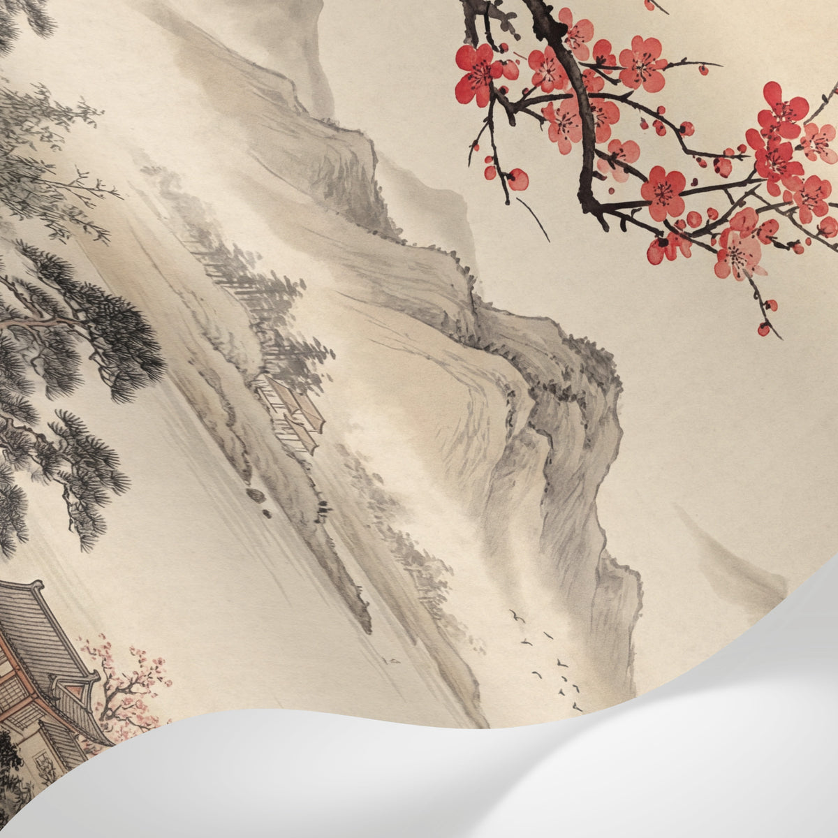 Papier peint panoramique paysage japonais - Montagnes brumeuses pagodes cerisier fleurs rouges fond beige crème sur mesure - Matière