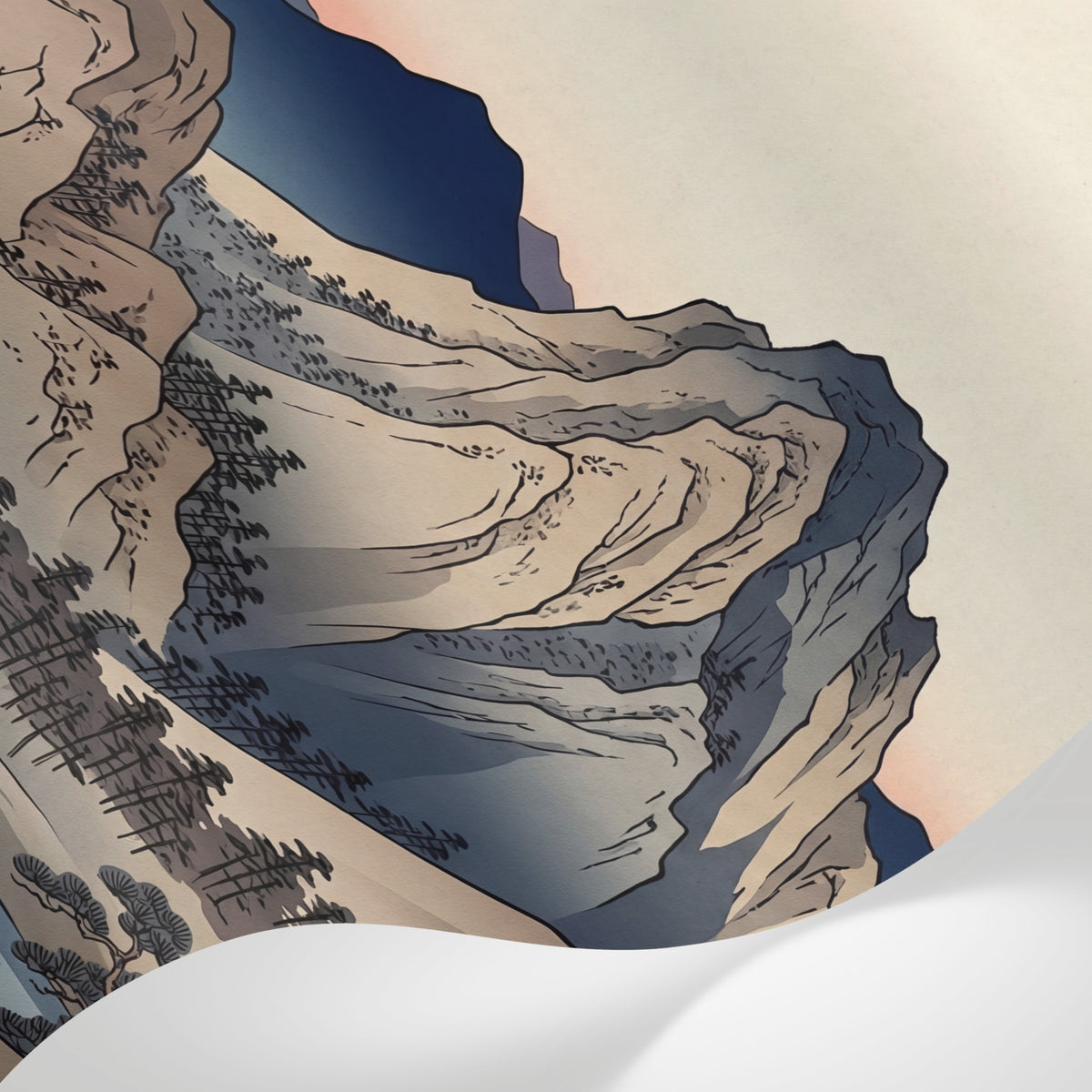 Papier peint panoramique pin - Montagne japonaise lac sapins branche tordue tons beige crème et gris sur mesure - Matière