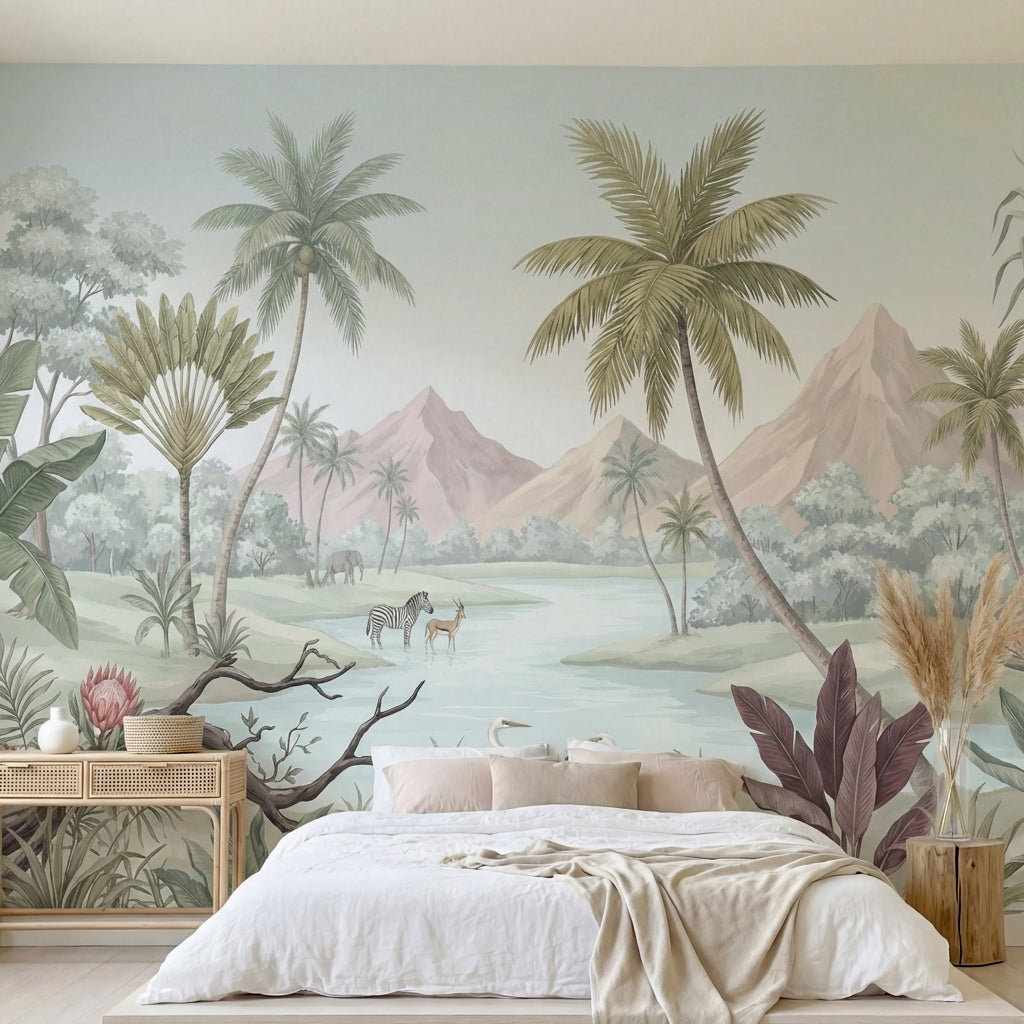 papier peint panoramique tropical palmiers savane zebres herons montagnes fond b-HERO-10