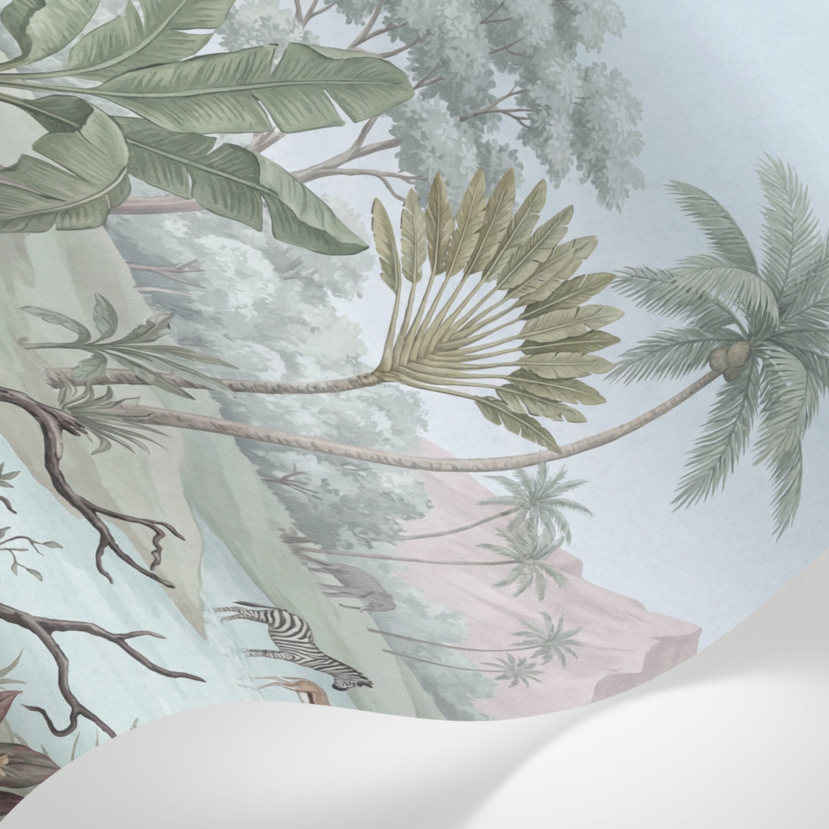 Papier peint panoramique tropical - Palmiers savane zèbres hérons montagnes fond beige crème et vert sauge sur mesure - Matière