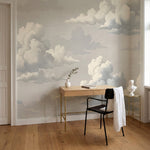 papier peint panoramique vintage nuages romantiques gravure ancienne tons beige -7