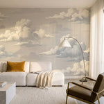 papier peint panoramique vintage nuages romantiques gravure ancienne tons beige -8
