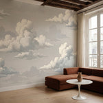 papier peint panoramique vintage nuages romantiques gravure ancienne tons beige -HERO-9