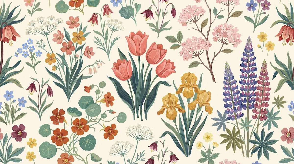 Papier peint panoramique prairie fleurs - Tulipes iris lupins capucines motifs botaniques fond crème et multicolore sur mesure - Design
